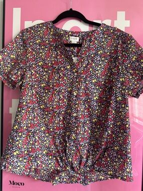 J. Crew Navy Floral Tie-Front Short Sleeve Blouse with Pink & Yellow Accents